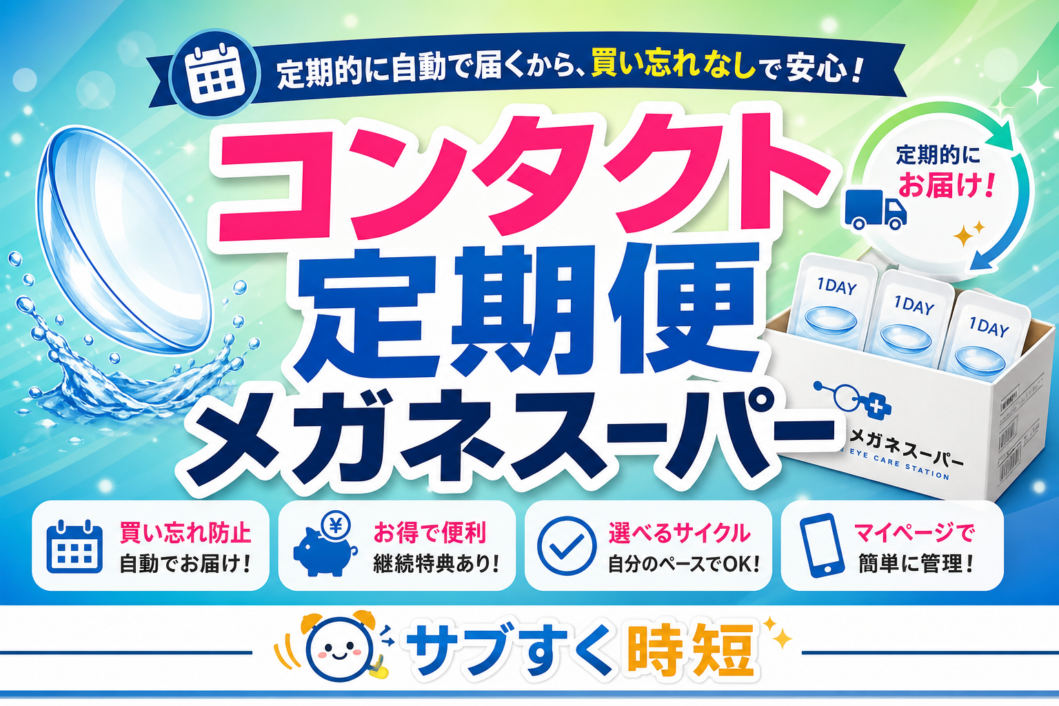 メガネスーパーのコンタクト定期便の料金と手順を解説するイメージ